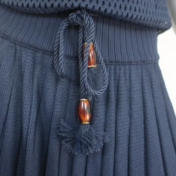 GUCCI TOM FORD OFF-SHOULDER BAMBOO TASSEL DRESS NAVY PLEATED MESH SIZE MEDIUM - Picture 2 of 8